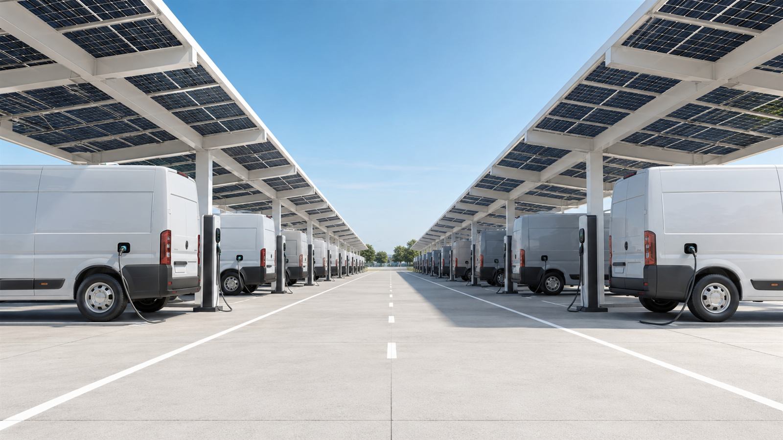 Flotte de véhicules utilitaires électriques en recharge sur un dépôt d'entreprise