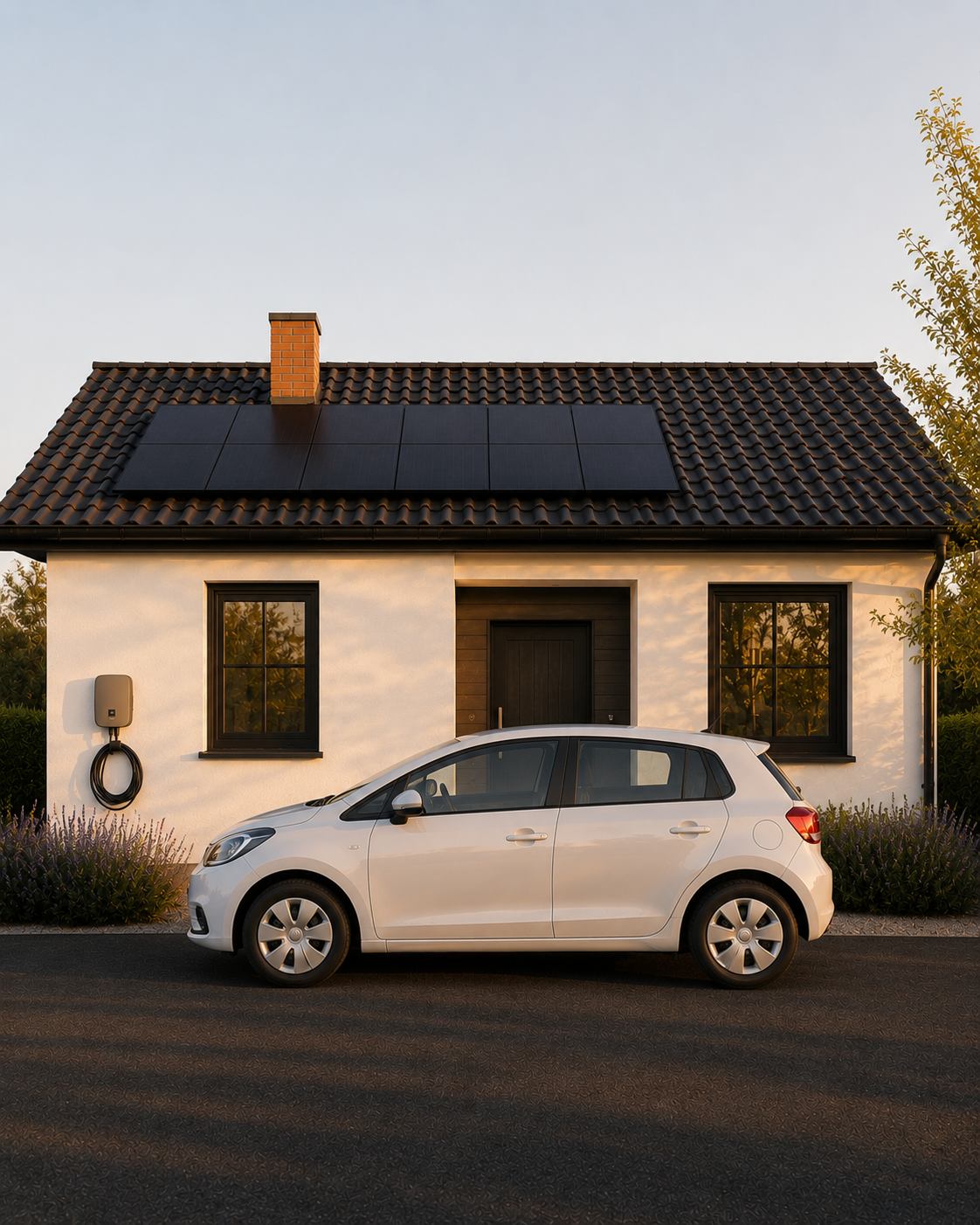 Maison avec borne de recharge murale, panneaux solaires et voiture électrique