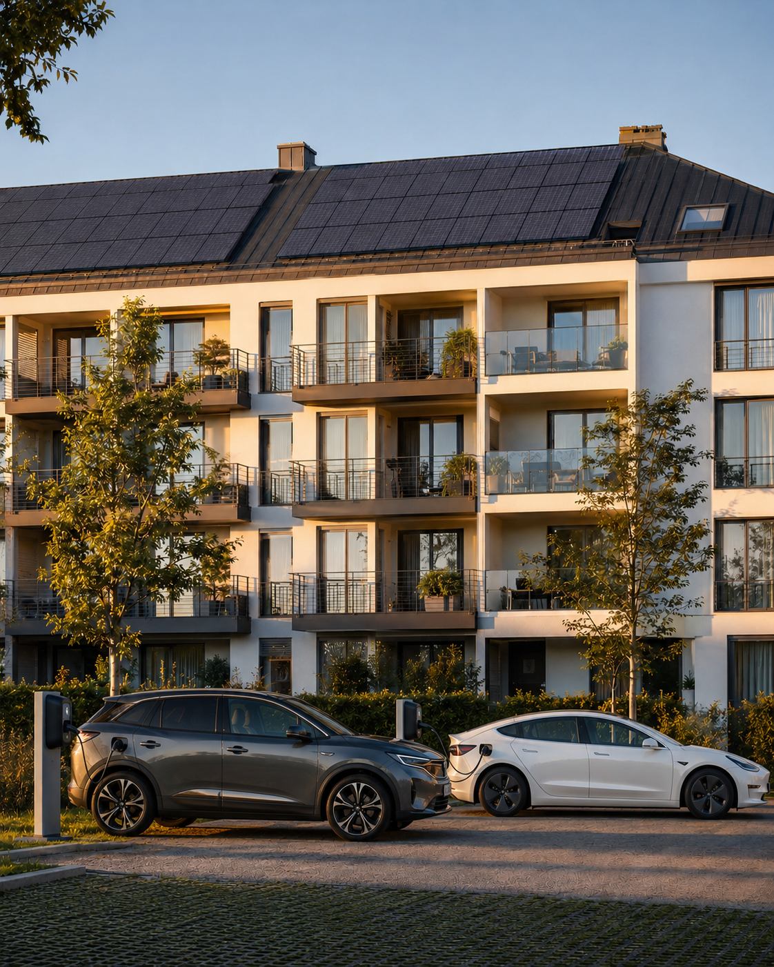 Immeuble en copropriété équipé de bornes de recharge et de panneaux solaires